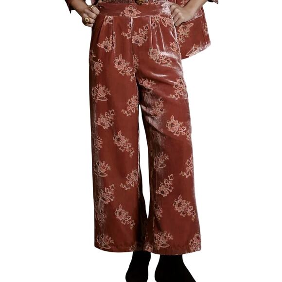 Hutch Anthropologie Pink Combo Orange Floral Burnout Velvet Velour Pants Size M - Picture 1 of 12